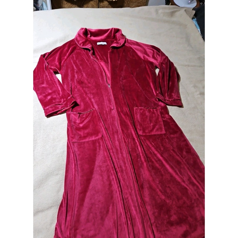 Eileen West Robe Velour Zip Front Kaftan Housecoat SOFT Maroon Wine Pockets L/XL